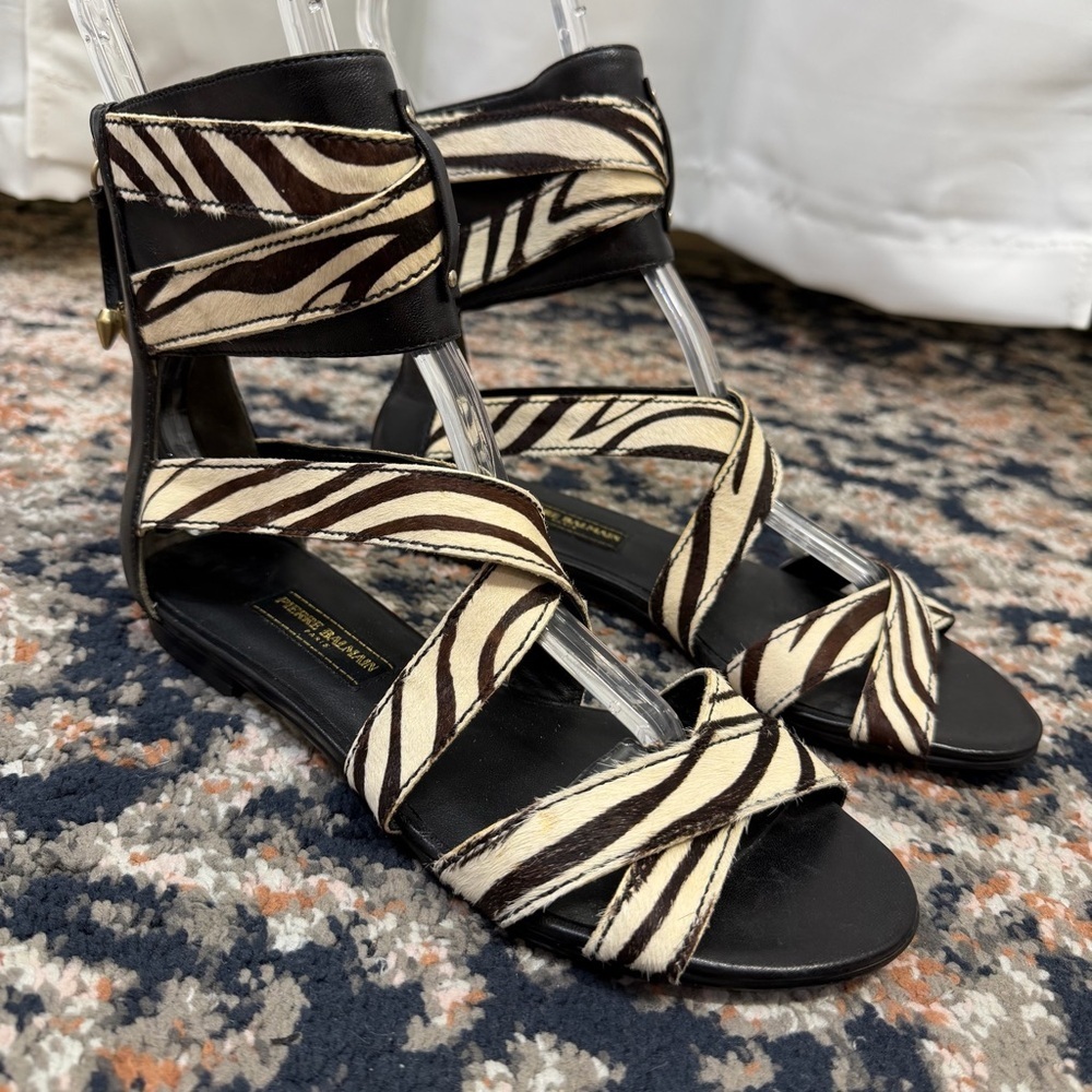 NWOT Pierre Balmain ‘Amelie’ Zebra Print Pony Hair Strappy Zip-Back Sandals Sz 6